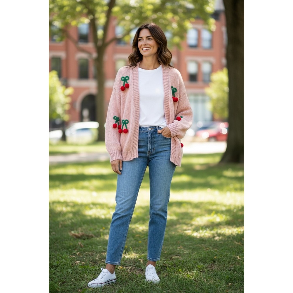 Luna Ivy Pink Cherry Pom Pom Cardigan Chunky Knit Oversized Sweater Women O/S